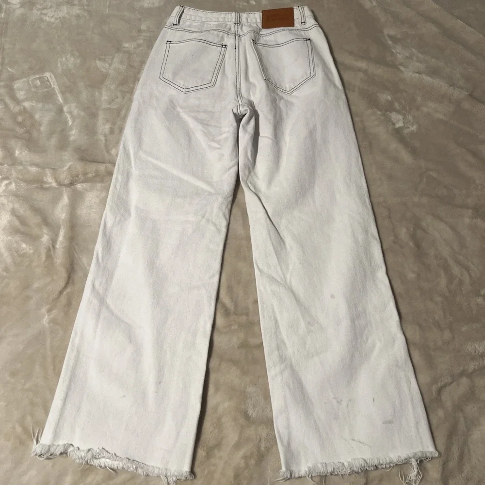 Princess Polly White Jeans Women's 4 Straight Leg Raw Hem Contrast Stitch Denim